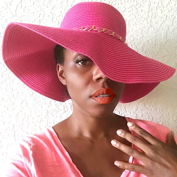 Accessories - Hot Pink Wide Brim Straw Hat Gold Chain Detail!